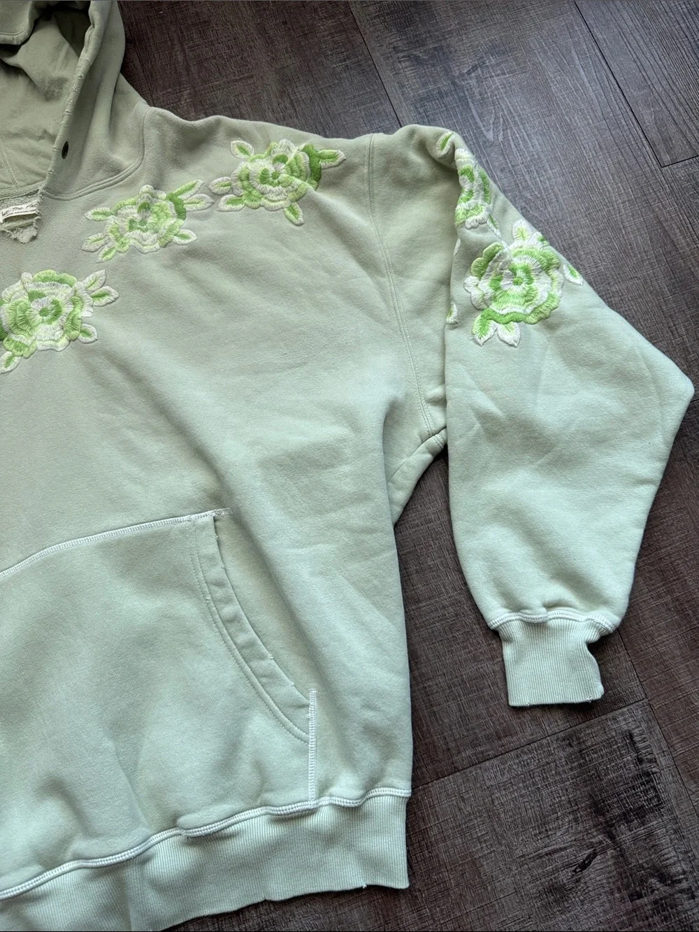 Free People Mint Green Oversized Floral Embroidered Hoodie